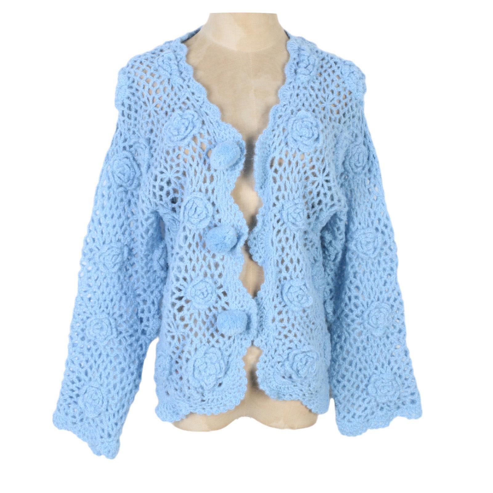 

Handmade Retro Rose Crochet Openwork Cardigan Sweater for Women L