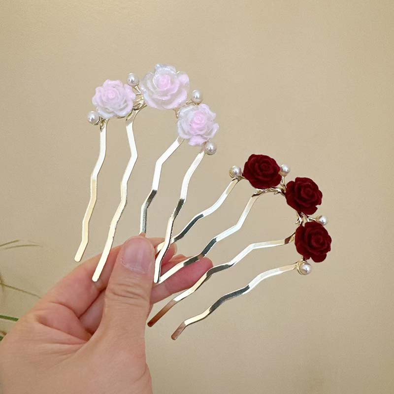 Vintage Red Velvet Rose Flower Hair Stick For Women Girls Elegant Metal U-shaped Hairpin Hanfu Headwear Hair Accessories