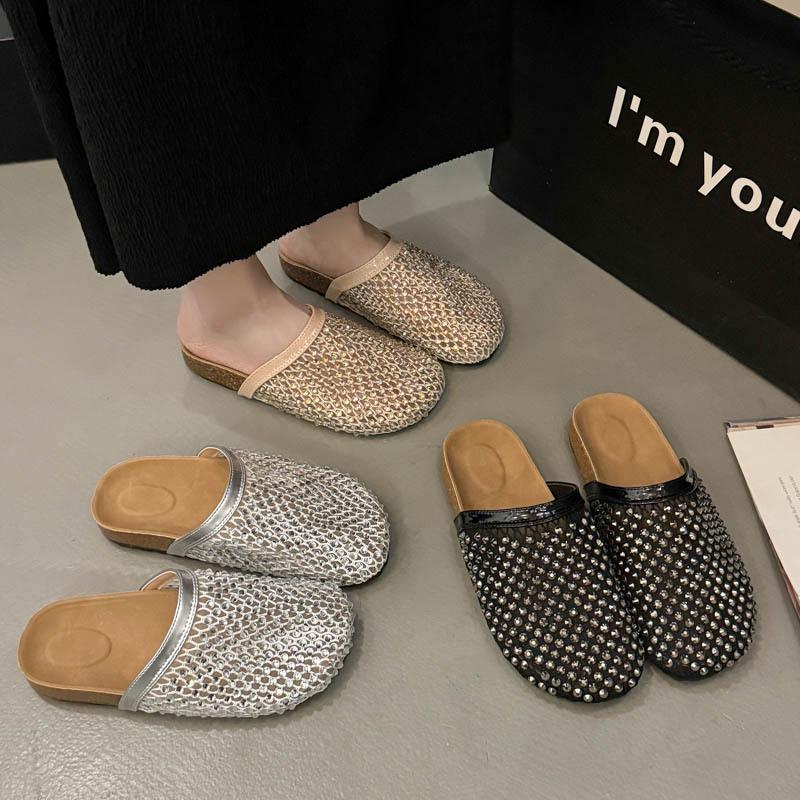Hollow bag head slippers women's 2025 new fashion versatile full diamond flat bottom cool slippers summer cool lazy drag