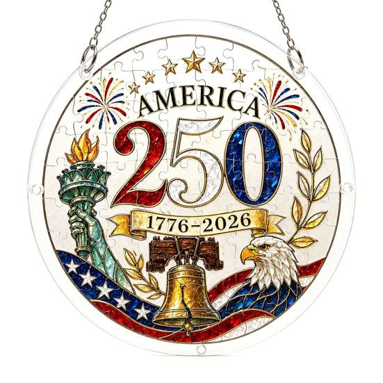 Acrylic Jigsaw Puzzle Suncatcher, US 250th Anniversary DIY Sun Catcher Kit, Stained Glass Style Patriotic Window Hanging Ornament for Independence Day