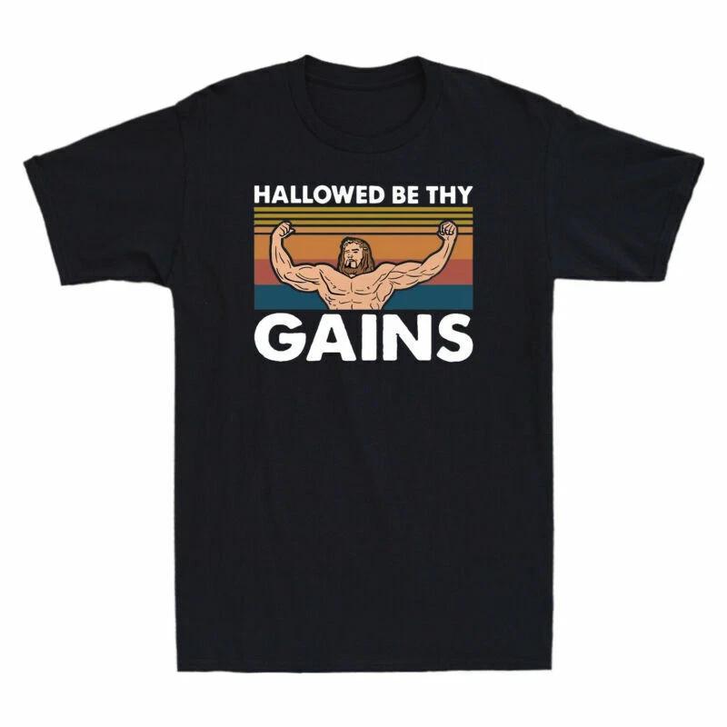 Retro Jesus Gymer Hallowed Be Thy Gains Vintage Funny Men s Short Sleeve T-Shirt L