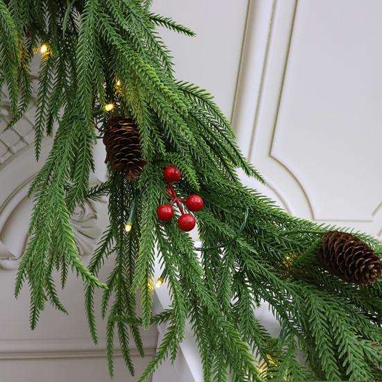 Yousheng Pre-lit Artificial Christmas Garland with LED Lights Real Touch Winter Greenery Pine Garland with Red Berries for Table Mantle Fireplace