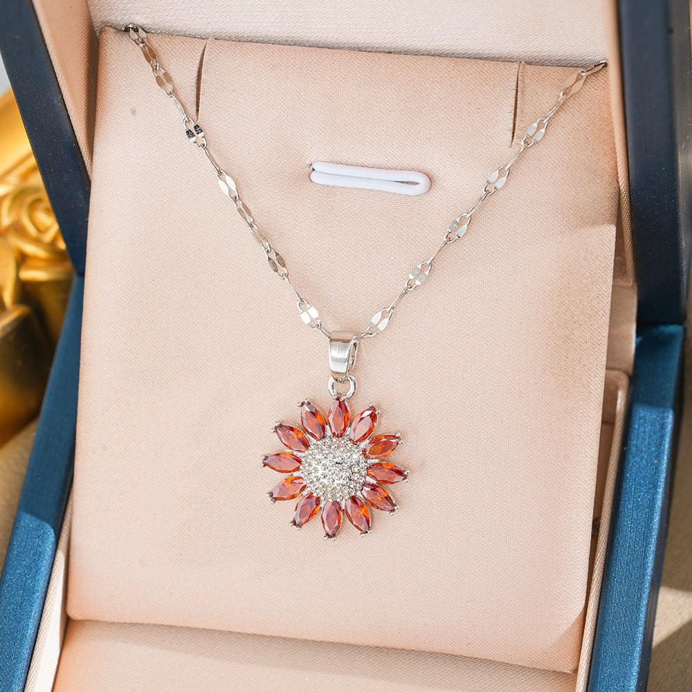 European Luxury Sunflower Titanium Steel Necklace with Zircon Inlay - Fashionable & Versatile for Women