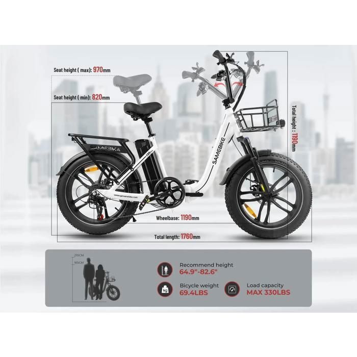 Samebike C05 PRO - Vélo électrique -Moteur 250w - Batterie 36V 13Ah - Autonomie 70KM - Max25KM/H - Roues 20" - Blanc
