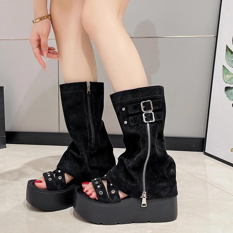 Fashion 9CM Women Platform Motorcycle Boots Wedges Heels Mid Calf Boots Woman Summer ZIP Detachable Chunky Sneakers Gothic Botas Mujer