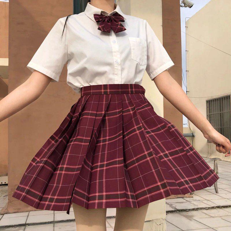 Lemon Sea Salt Plaid School Uniform: Short Sleeve Top & Midi Skirt Set