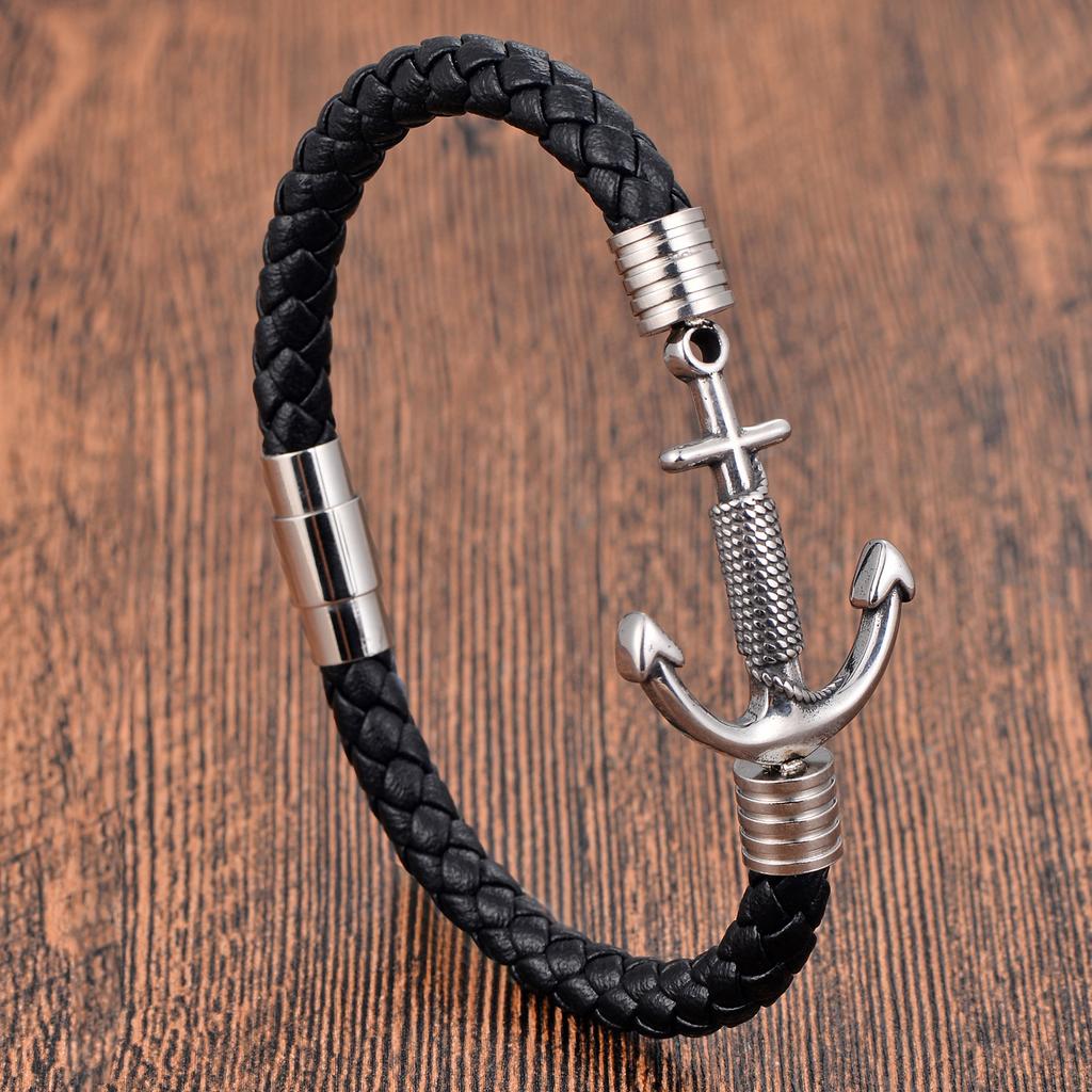 Black Leather Rope Cowhide Men's Double Layer Leather Woven Bracelet Handmade Multilayer Leather Anchor Bracelet