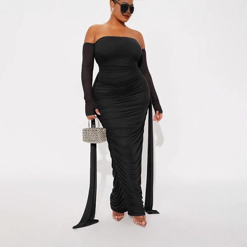 J25DS416 Elegantes einärmeliges plissiertes Netz-Langarmkleid für Damen