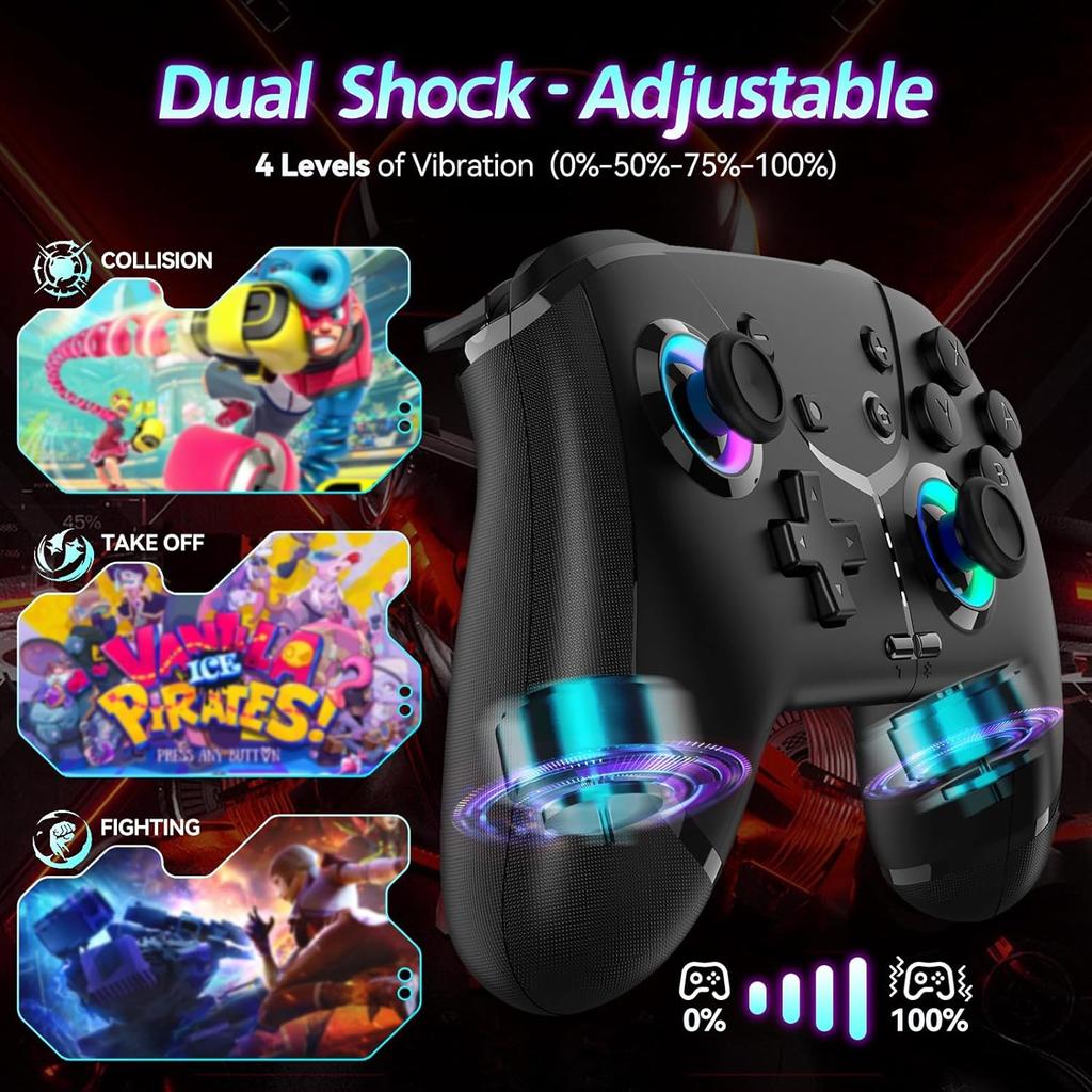 Switch Wireless Pro Controller for Switch/Lite/OLED, 4 Vibration Modes, 3 Turbo Modes for PC/Steam/TV with Programming/6-Axis/Motion/Wake-up/RGB