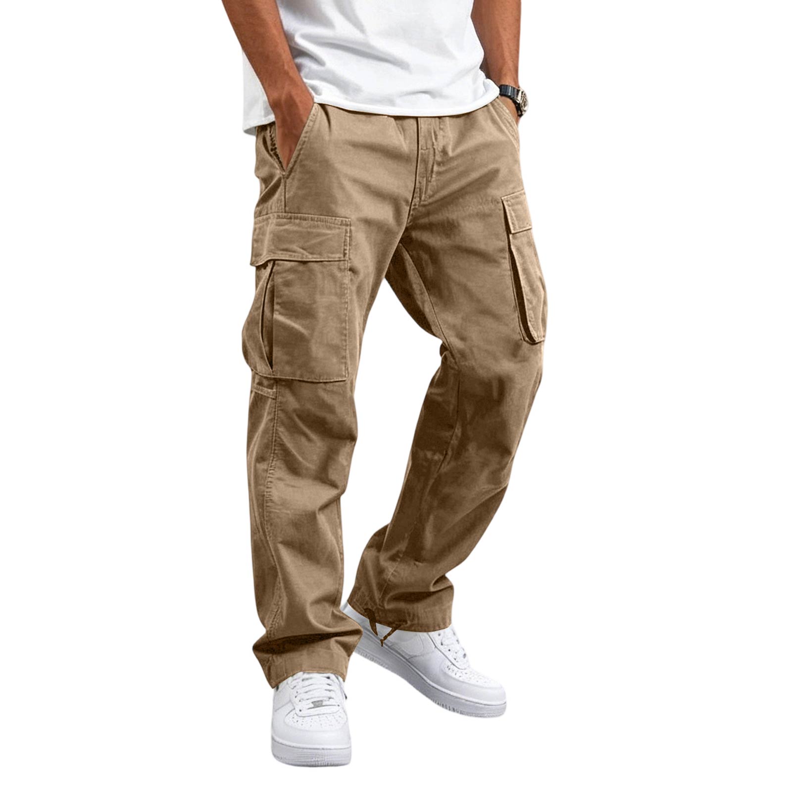 Herren Freizeit Cargohose Lockerer Schnitt Gerades Bein Mehrere Taschen L khaki