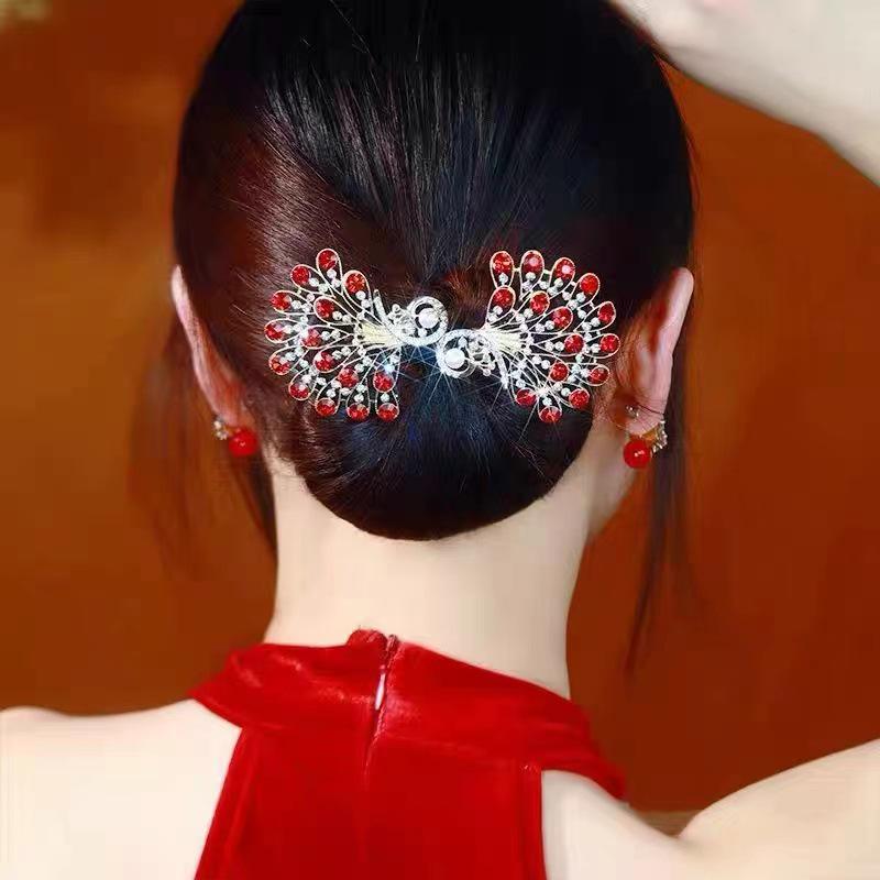 High-End Platinum Siya Peacock Hair Clip - Floral Bun Styling Tool for Women