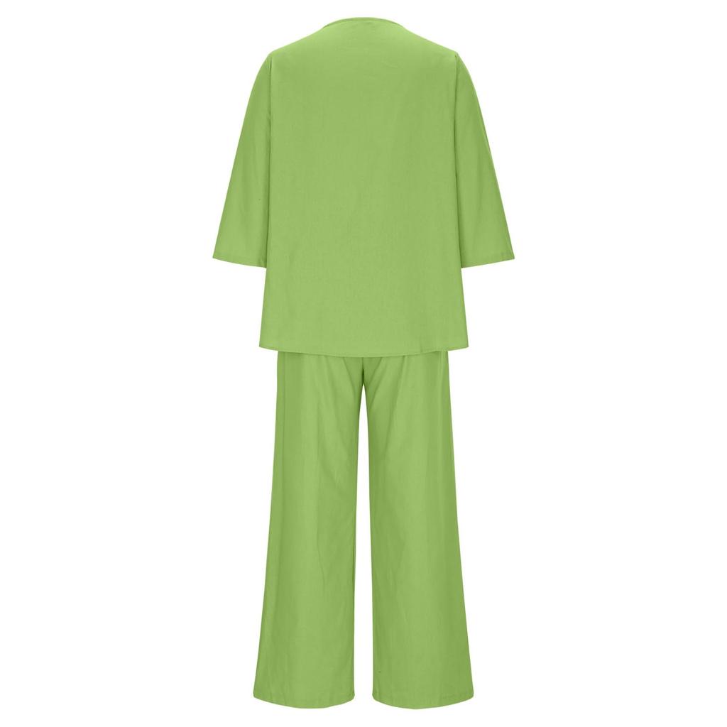Women's Casual Cotton And Linen Set With Three Quarter Sleeves, Top And Wide Leg Pants, Two-piece Set