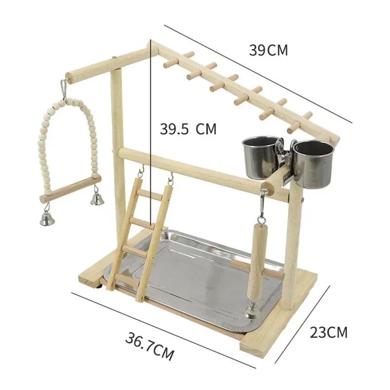 Wooden Bird Playstand Gym - Parrot Cockatiel Playground with Metal Feeder Perch Ladder Plate Interactive Bird Toy for Activity