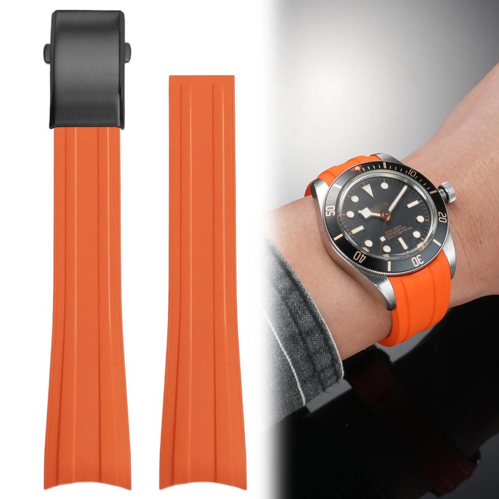20mm High Quality Curved Fluororubber Strap For Tudor Biwan 39 Dial Black Bay 1958 M79030 Fluororubber Fold Over Clasp Strap