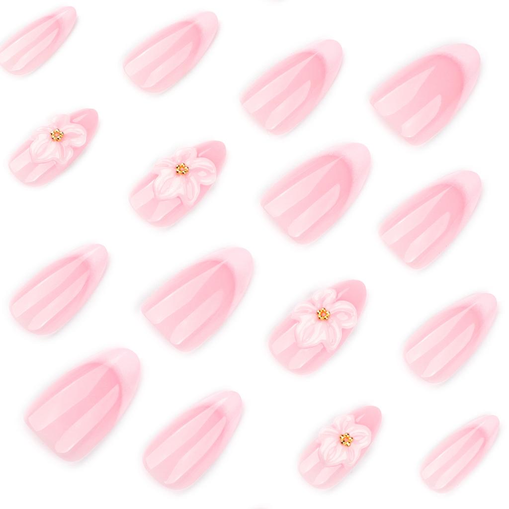 24 Pieces Simple French White 3D Flower Wear Nail Almond Nail Press On Nail Art Finished Product Wholesale