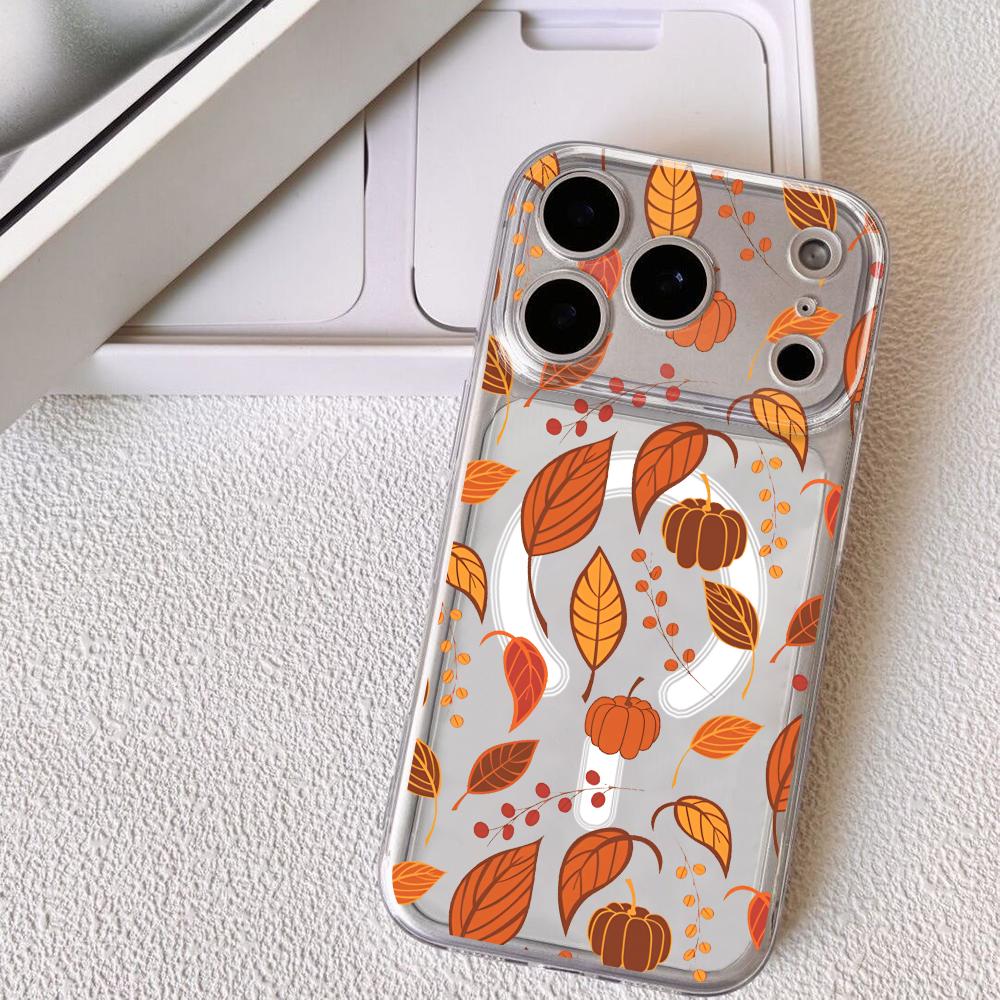 

Роскошный чехол для телефона с листьями для iPhone 17 16 15 14 13 12 Pro Max Plus с магнитом, кристально чистый, поддержка беспроводной зарядки iPhone Air