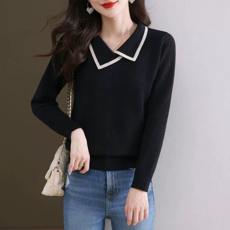 

Осень новый простой дизайн лацкана вязаный свитер повседневный для работы ленивый топ для матери женщины One Size чёрный