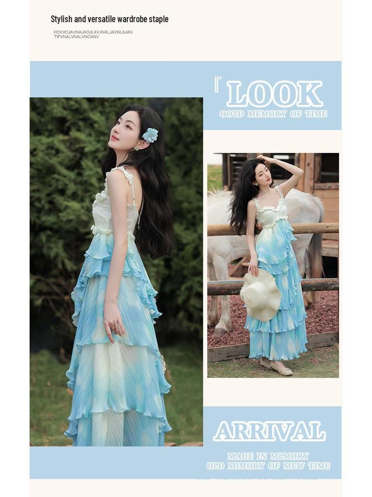 Women's Summer Ruffle Lace Patchwork Strappy Skirt Set