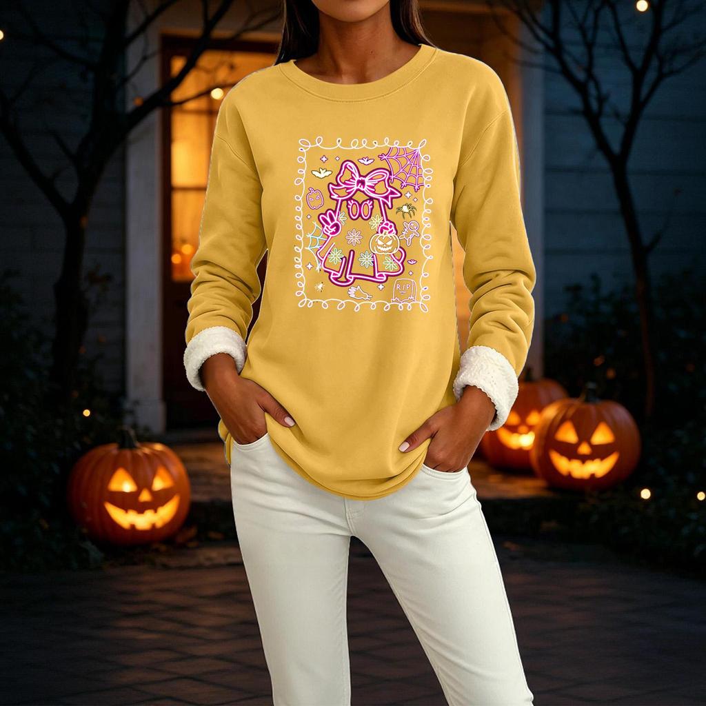Women's -Lined Long Sleeve Round Neck Halloween Printed Casual Top for Winter