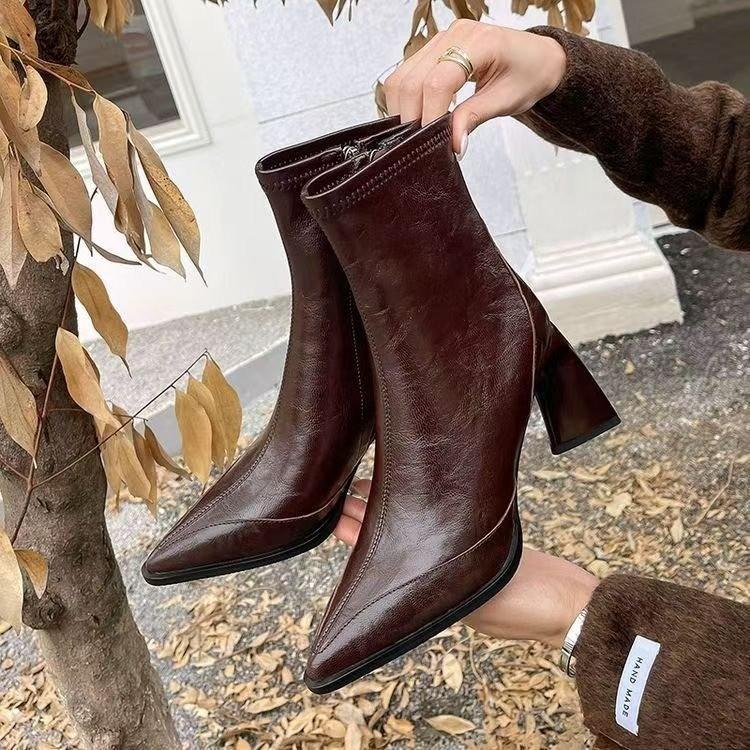 2026 New Autumn and Winter Women s Block Heel High Heel Short Boots Pointed Toe Booties 35