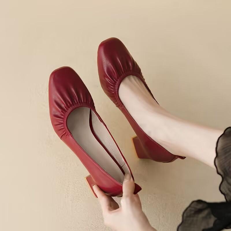 

Fashion Women s Coarse Heel Shoes Spring New Square Head Shallow Mouth Leather Soft Sole Anti-slip Wear-resistant Low-top Shoes 40