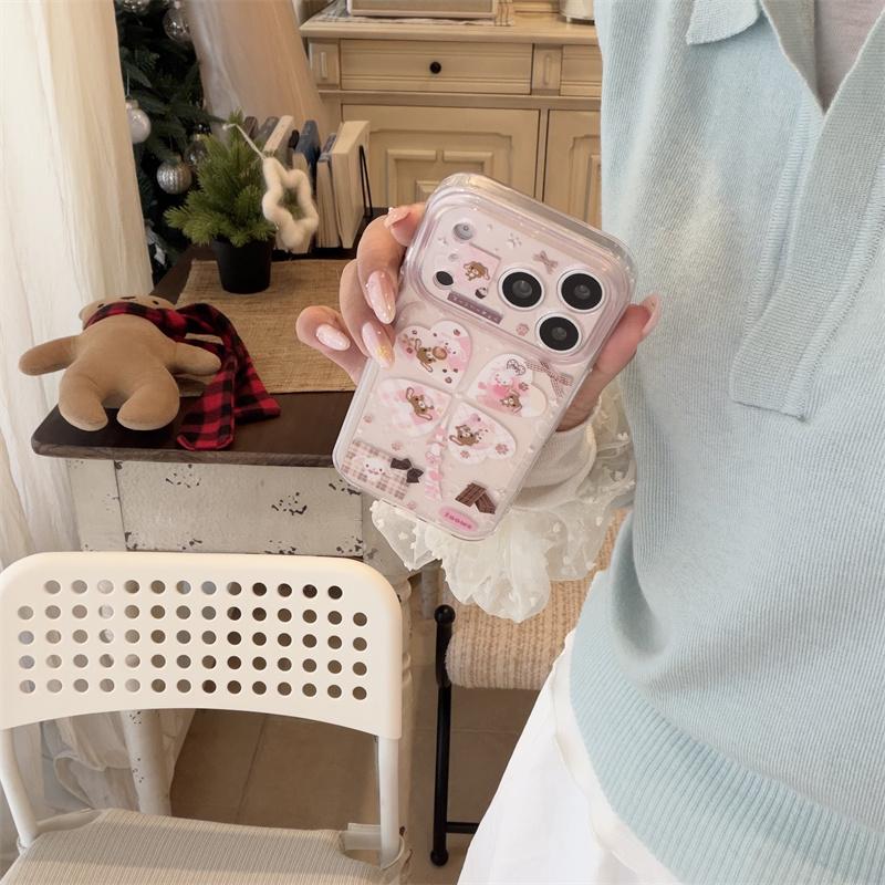 Kawaii Cartoon Bunny Bear Heart Glitter Clear Phone Case For iPhone 15 16 17 Pro Max INS Cute Large Window Shockproof Protective