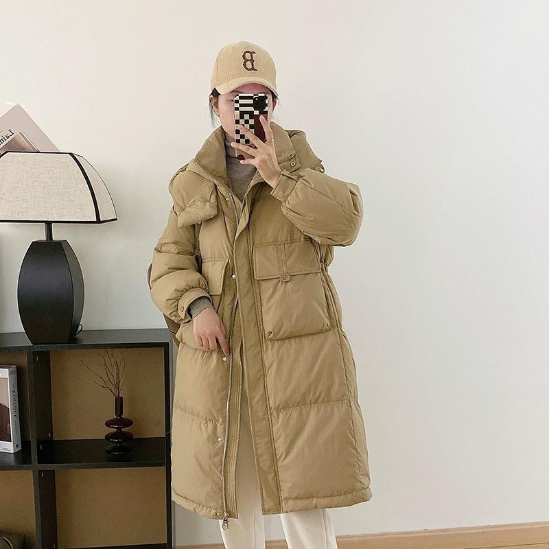 Down jacket women's 2024 new long over-knee thickened large pockets hooded loose casual trendy coat