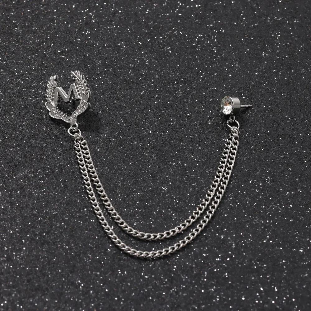 British Style High-end Maple Leaf Brooch with Rhinestone Chain Fashion Vintage Tassel Badge Lapel Pin for Men's Suit Accessories