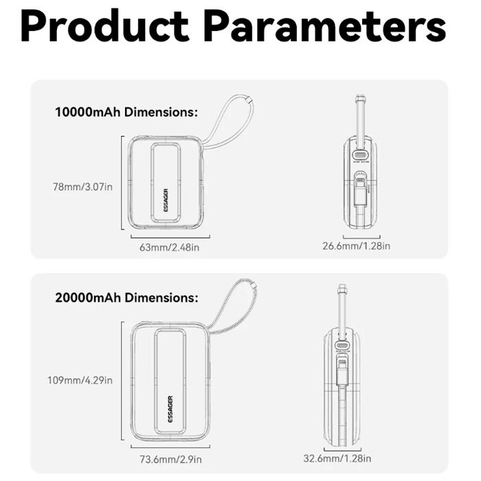 Essager 10000/20000mAh Type C Cable Power Bank PD 22.5W Fast Charging Phone External Battery for Xiaomi iPhone 16 15 14 Samsung iPad