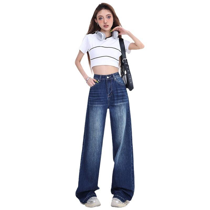 Retro blue embroidered straight jeans women's high waist summer new American loose mopping wide-leg pants