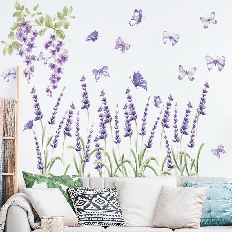 Lavender Flower Wall Stickers, Purple Removable Decals for Bedroom Living Room Home Wall Decor