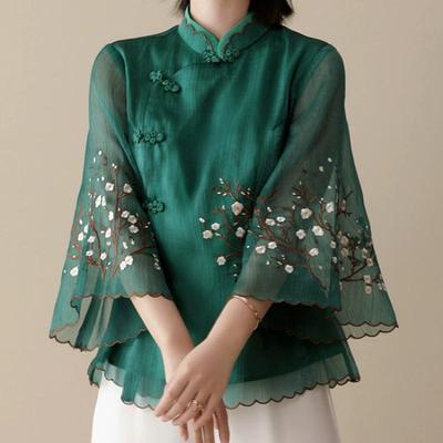 Blusa feminina estilo chinês primavera e verão temperamento solto cheongsam gola alta manga sete minutos estilo étnico blusa retrô