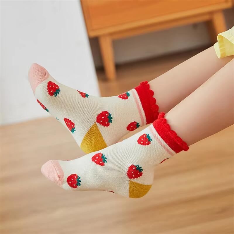 5Pairs/lot Girls Cotton Socks Korean Strawberry Cute Print Socks Spring Autumn Cartoon Breathable Sock for 0-13Y Children Socks
