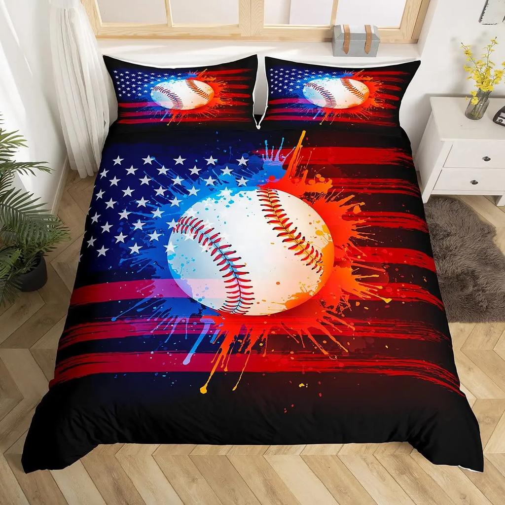 Baseball Duvet Cover Set Queen Size for Teen Boy Room DecorFire and Ice Sport Baseball Comforter Cover Sports Theme Bedding Set