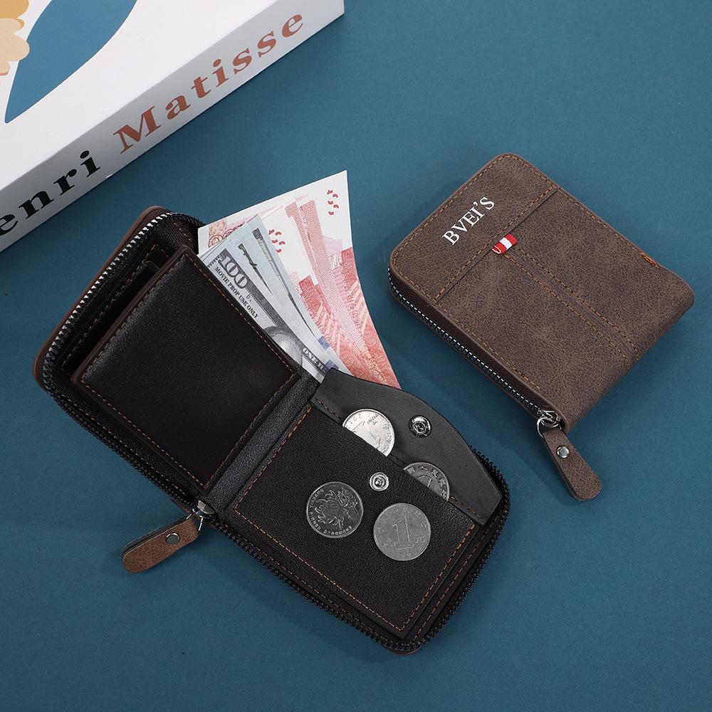 Men's Short Wallet Card Holder Zipper 3 Fold Purse Leather Money Clip Retro Casual Buckle Square Bag
