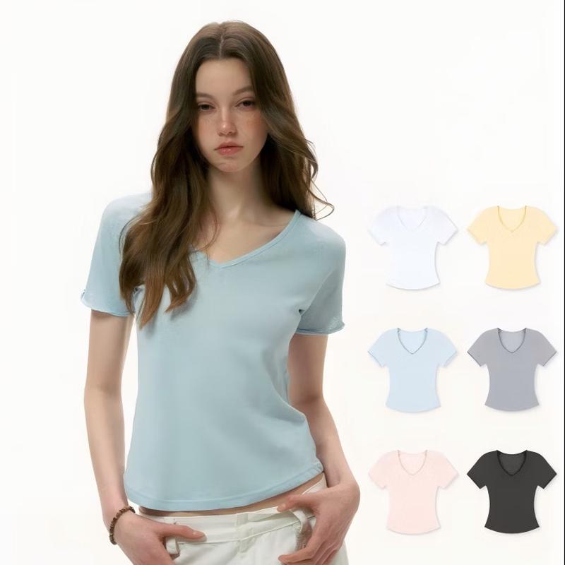ICH MODE Women s V-Neck Slim Fit Short Sleeve T-Shirt S