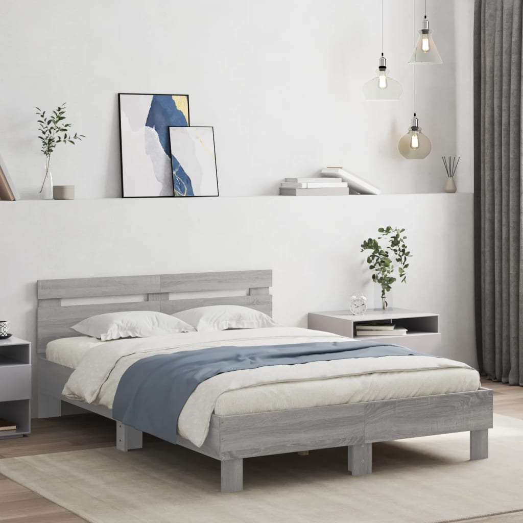 Vidaxl Rama Łóżka Z Wezgłowiem I Led, Szary Dąb Sonoma, 120X190 Cm
