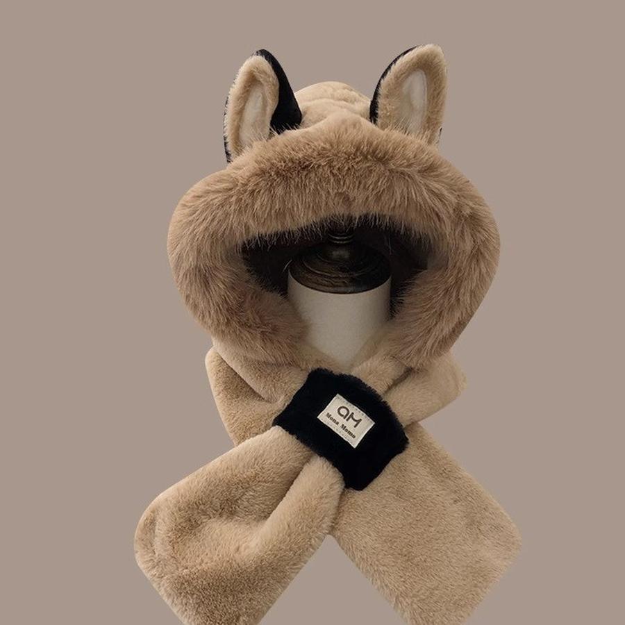 Cute Shiba Inu Long Ear Plush Winter Hat Scarf Set for Girls, Warm Two-Piece Cartoon Outfit