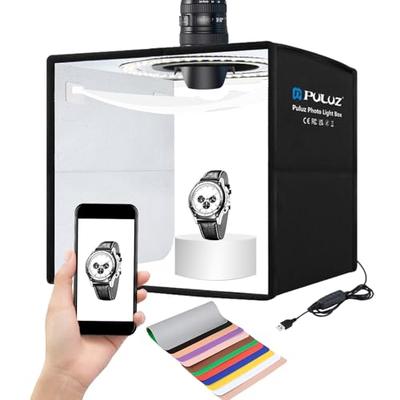 PULUZ 25cm Photo Light Box with 104 LED Beads, Color Temperature 5500-5800K, Color Rendering Index 95+, Soft Light Cloth, and 6 Double-Sided Backdrops