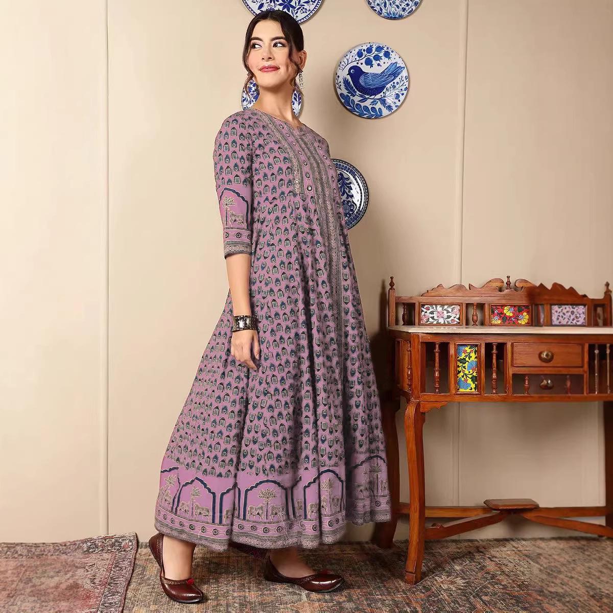 

Women s Plus Size Ethnic Style Full Print Long Sleeve Woven Dress 2XL