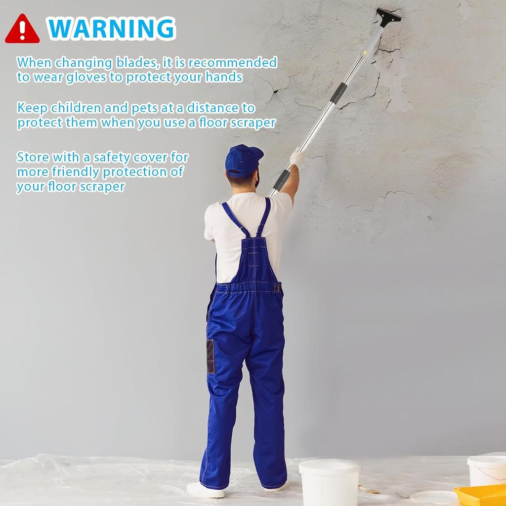 Floor Scraper, 31" to 61" Scraper Tool Long Handle with 4-inch Razor Blade Stainless Steel Material Adjustable Cleaning Glass Wall Gum Paint Tile