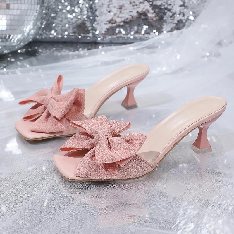 New Square Toe Open Toe Design Slim Heel Outside Slippers 2025 Summer New Bow Non-slip High Heel Cool Mopping Plus Size 36-43