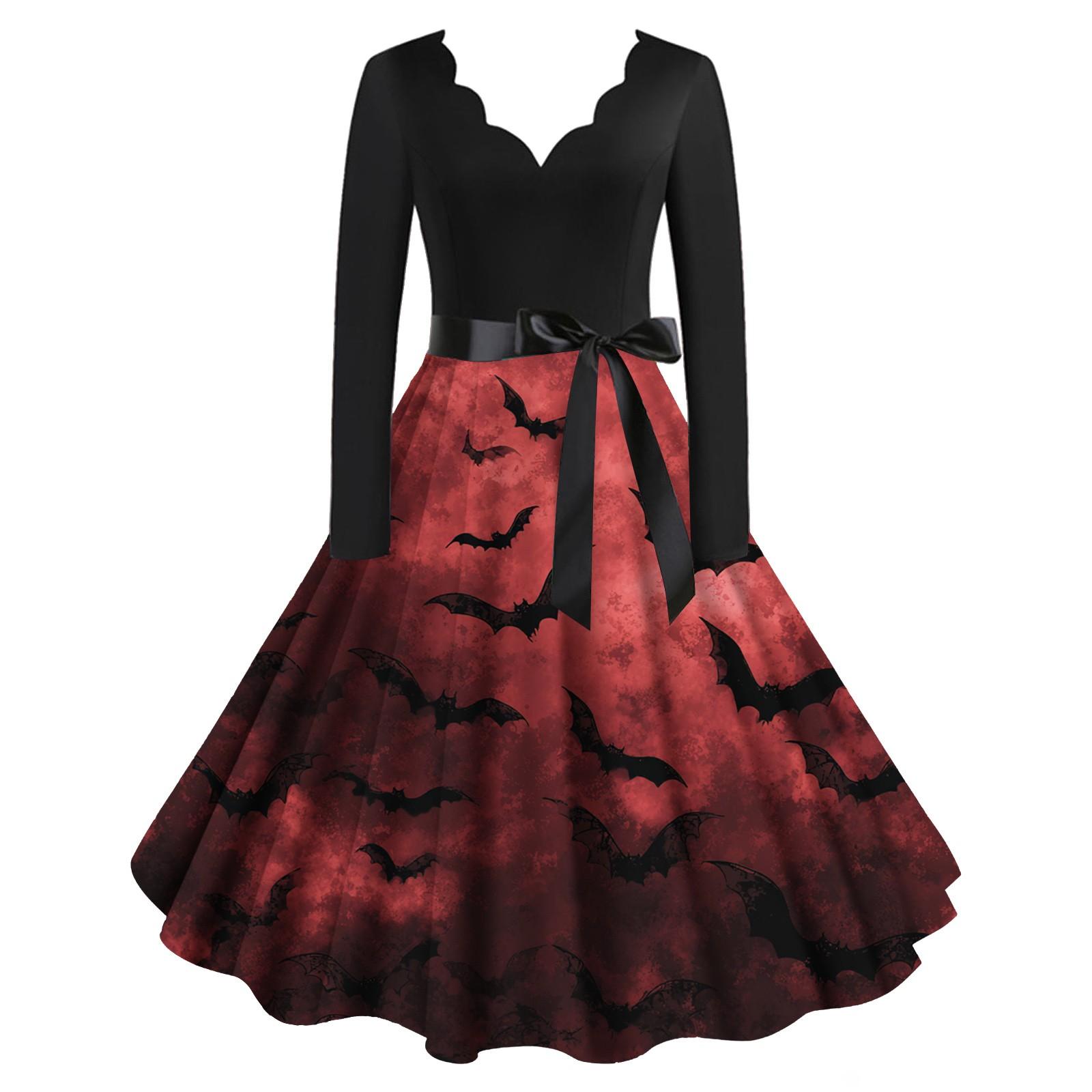 

Расклешенное платье с принтом Хэллоуина для женщин Платье с длинным рукавом Повседневные платья L