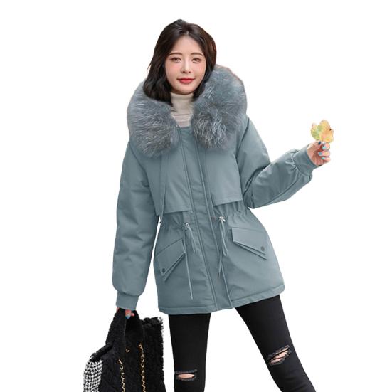 Women Padded Jacket Thickened Plush Lined Coat with Drawstring Waist Winter Warm Puffer