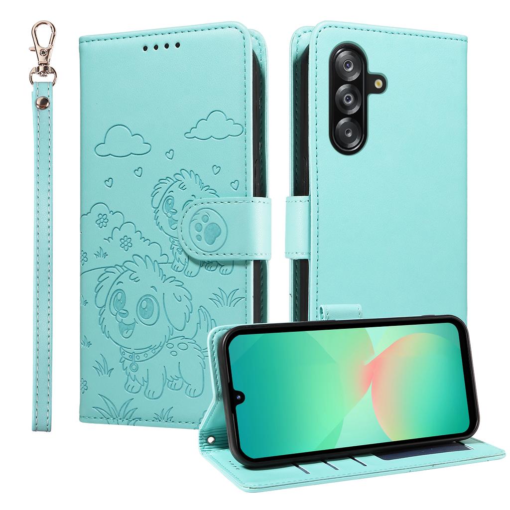 For Samsung Galaxy A16 4G/Galaxy A16 5G/Galaxy A26 5G/Galaxy A17 5G Case RFID Blocking Imprinted Dog Pattern PU Leather Phone Cover with Wrist Strap