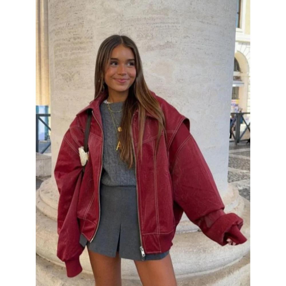 Women Zipper Leather Bomber Jackets Coats Oversized Contrast Stitch Lapel Long Sleeve Jacket Motorcycle Autumn Outwear Tops
