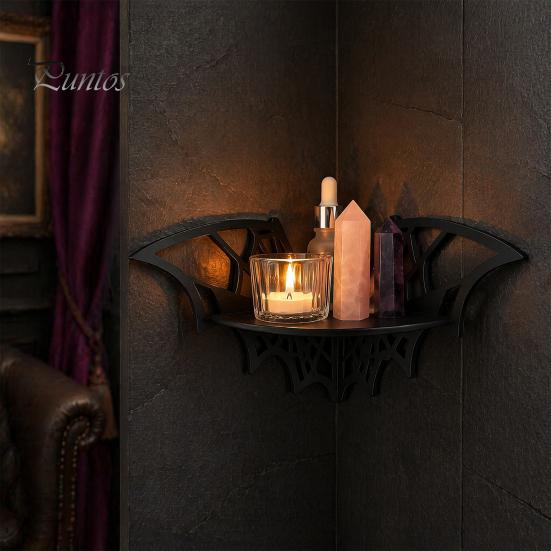 Wall Mounted Organizer Halloween Bat Corner Shelf, Decorative Wooden Mount Display Spooky Room Accessories Spiderweb Design Gothic Floating