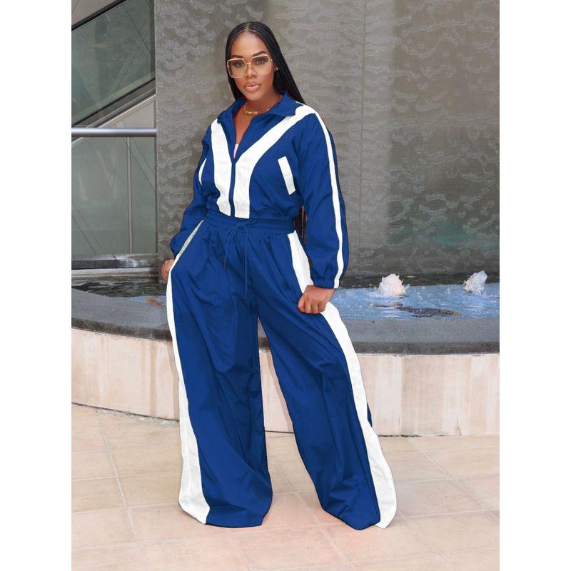 

European and American Cross-Border Women clothes Zip-up Waist Hugging Short Top Patchwork Contrast Color Super Fat Wide Leg Pants Casual Set Suit Blue XL