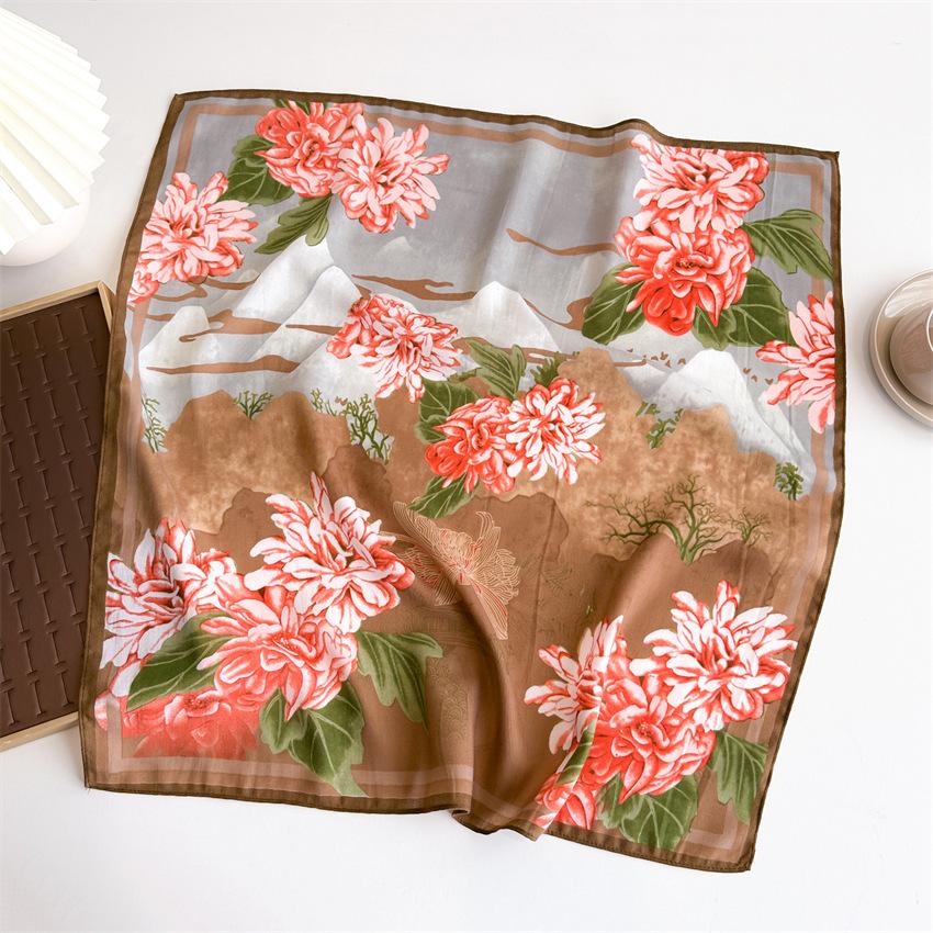National Style Peony Small Square Scarf New Silk Scarf Shanhe Map Herringbone Pattern Headscarf Imitation Velvet Shawl Scarf Women