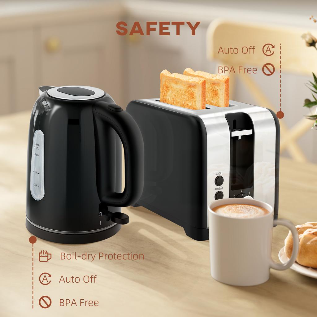 Simple Polished Toaster and Kettle Set - Black